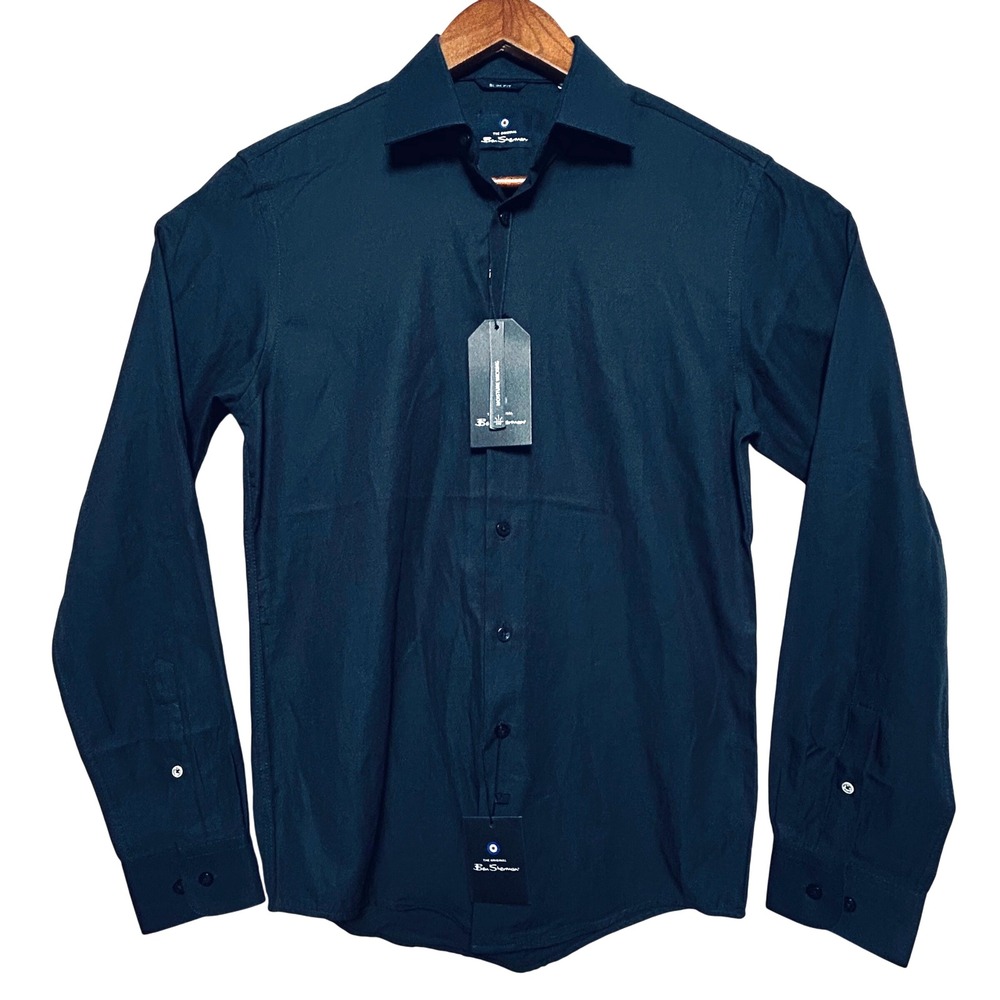 Ben Sherman Mens New Navy Basket Weave Slim Fit Dress Shirt Small‎ 14/14.5 32/33